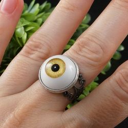 Yellow Human Eye Evil Eye Protection Amulet Large Round Statement Silver Filigree Free Size Adjustable Ring Jewelry 7871