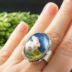 White Bunny Rabbit Hare Blue Green Floral Large Oval Silver Boho Statement Adjustable Jewelry Ring Gift for Her 8390