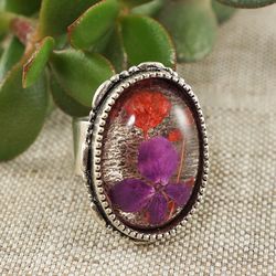Red Purple Violet Dried Flower Floral Botanical Large Oval Silver Boho Statement Adjustable Jewelry Ring for Her 6454