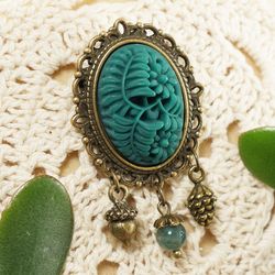 Green Fern Flower Floral Cameo Forest Nature Botanical Acorn Pine Cone Moss Agate Charm Bronze Brooch Jewelry Pin 6811