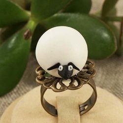 Cute Sheep Black and White Aries Adjustable Free Size Ring Brass Filigree Sphere Statement Jewelry Ring Aries Gift 6135