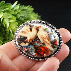 White Dove Two Doves Peace Bird Porcelain Cameo Spring Flower Floral Beige Red Rose Silver Oval Jewelry Brooch Pin 8026