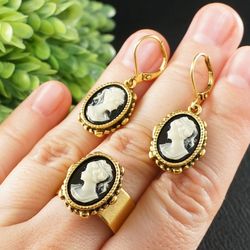 Cameo Earrings and Ring Jewelry Set Victorian Epoch Ivory Black and White Lady Girl Gold Vintage Cameo Jewelry Set 8455