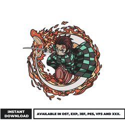 tanjiro fire embroidery design, demon slayer embroidery, anime embroidery, embroidery file, instant download.