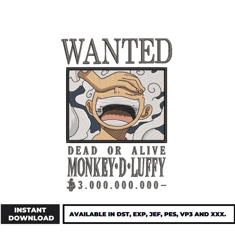 Luffy gear 5 wanted poster embroidery design