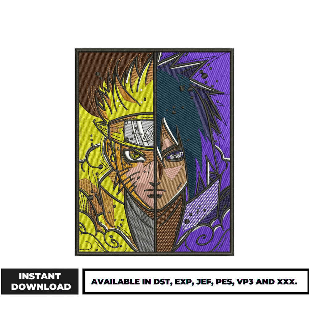 Naruto and sasuke half face embroidery design
