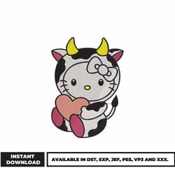 hello kitty cow embroidery design, hello kitty embroidery, cartoon embroidery, embroidery file, digital download.