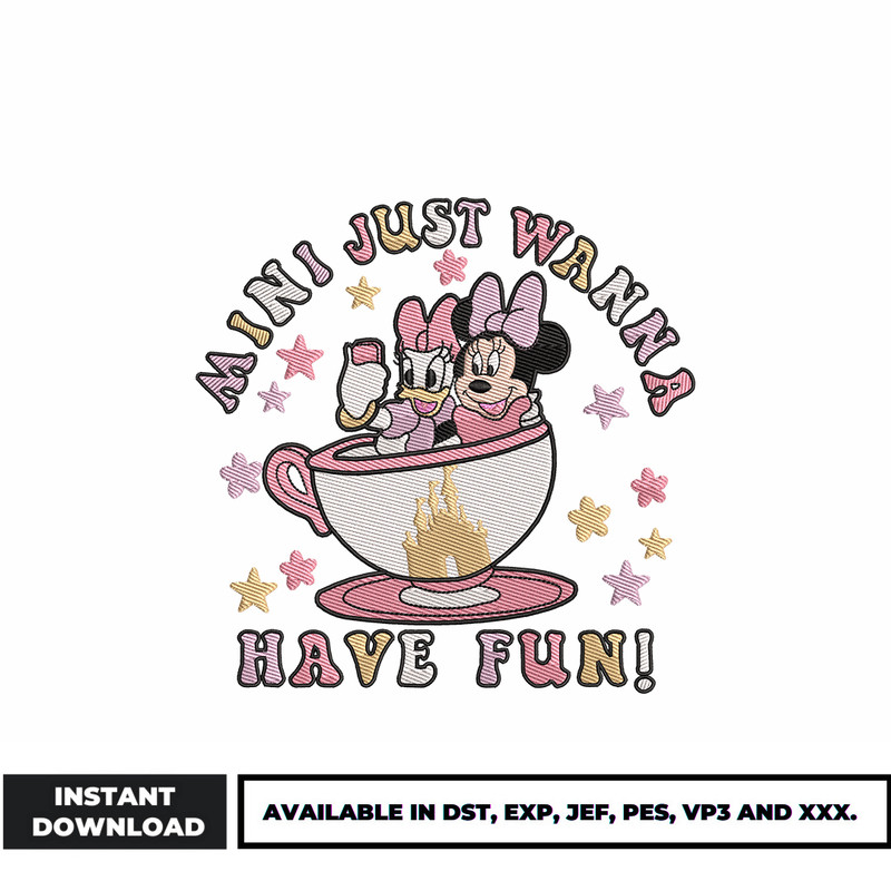 Mini just wanna have fun embroidery design