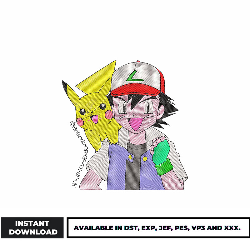 Ash ketchum and pikachu embroidery design