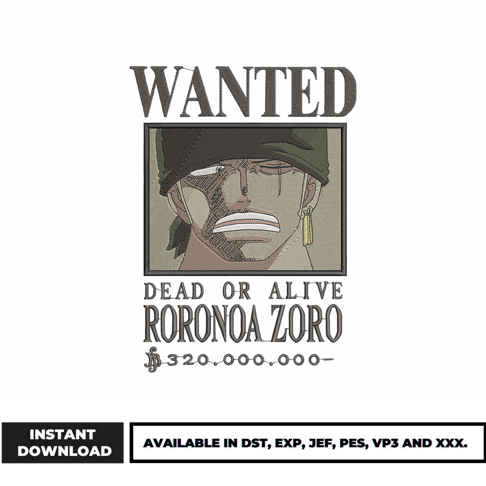 Zoro wanted embroidery design