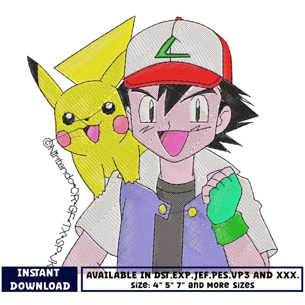 Ash ketchum and pikachu embroidery design