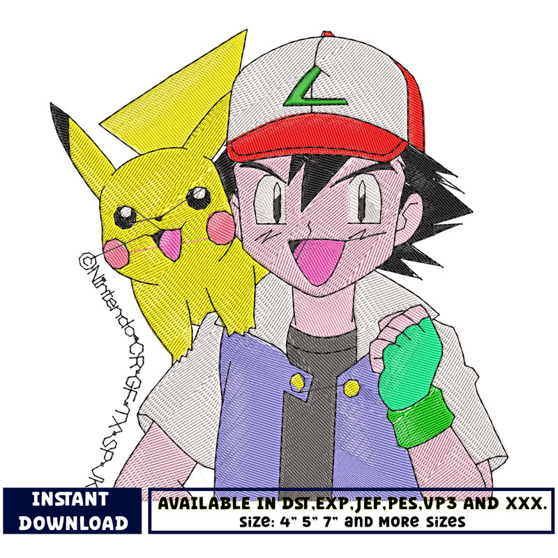 Ash ketchum and pikachu embroidery design