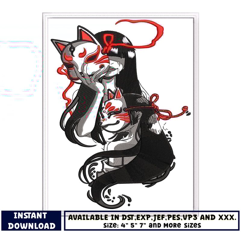 kitsune mask girl embroidery design
