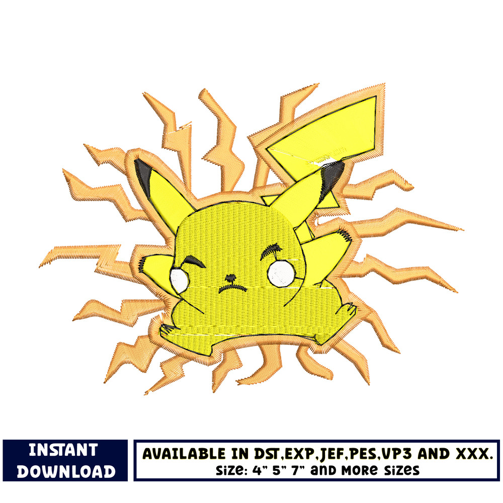 Pikachu chibi thunder embroidery design