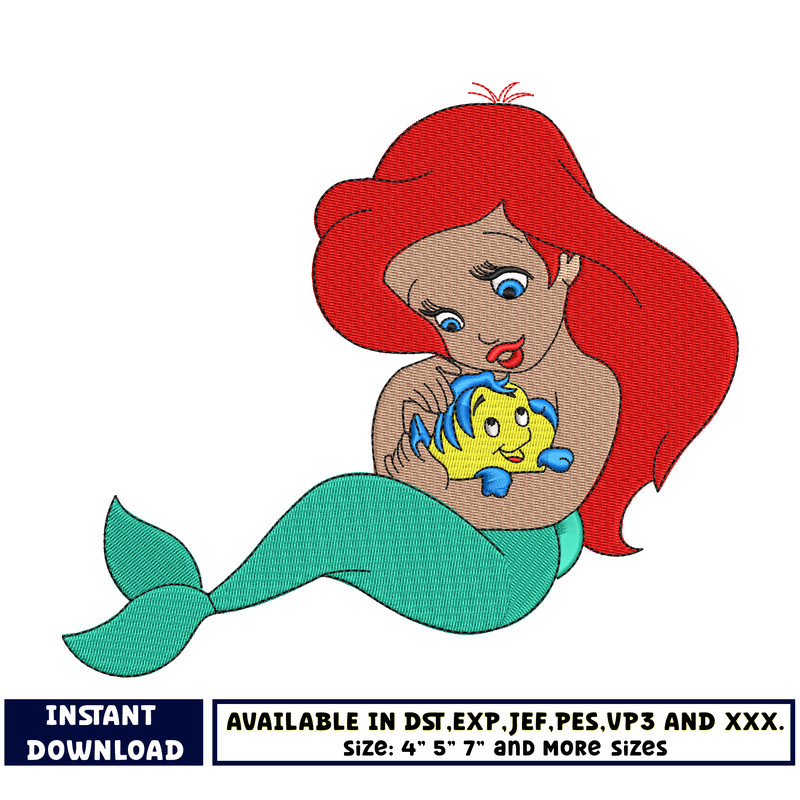 Princess ariel and flounder embroidery design