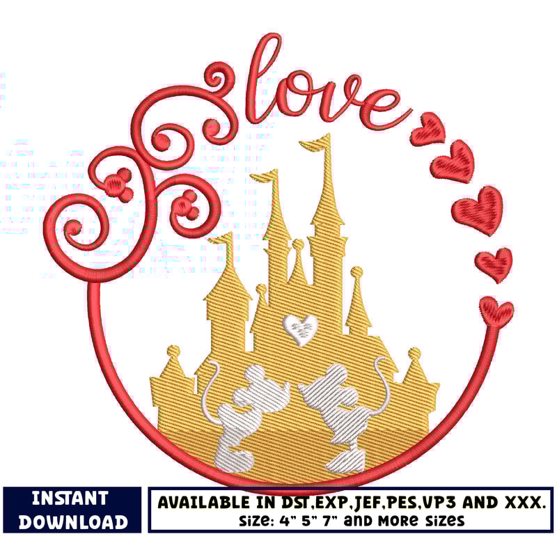 mickey castle couple love embroidery design