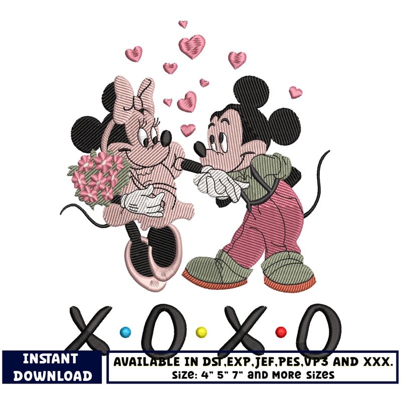 mickey couple xoxo embroidery design