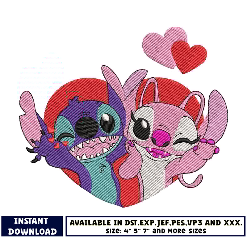 Stitch couple love embroidery design
