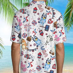 Bluey 4th Of July Patriotic American Flags Aloha Hawaiian Beach Summer Graphic Prints Button Up Shirt SIZE GUIDE