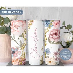 floral personalized name tumbler, flowers tumbler, floral tumbler with straw, floral 20oz tumbler, custom tumbler with l