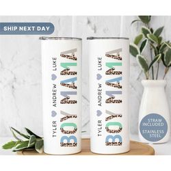 boy mama tumbler with kids names, personalized mom tumbler, retro skinny tumbler, mothers day gift, mother tumbler, (tm-