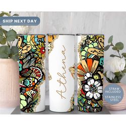 floral personalized tumbler, flowers tumbler, floral tumbler with straw, floral 20oz tumbler, custom tumbler with lid, (