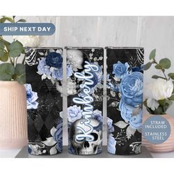 skull tumbler, floral skull skinny tumbler, personalized halloween tumbler, custom skeleton tumbler, gothic tumbler, (tm