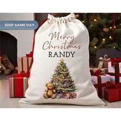 santa sack for christmas gifts, kids present large bag, drawstring sack, personalized name holiday bag, (sp-10 merry)