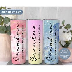 grandma tumbler cup with names, personalized grandmother tumbler with straw, grandma travel mug, gift for grandmother, (