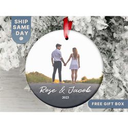 Couples Photo Christmas Ornament, Personalized First Christmas Together Ornament, Married Keepsake Gift, Engaged Ornamen