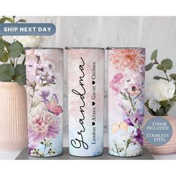 floral grandma tumbler cup with names, custom grandmother butterfly tumbler, grandma travel mug, gift for grandmother, (