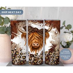 highland cow tumbler  cheetah cow gifts  highland cow tumbler with lid and straw  leopard cow travel mug for women  (tm-