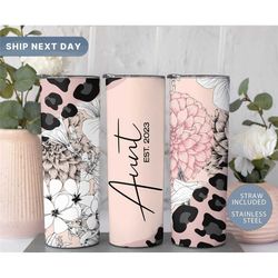 personalized aunt tumblers, new aunt tumbler, auntie announcement gift, leopard auntie travel mug, floral aunt tumbler c