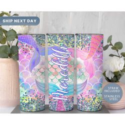 personalized mermaid skinny tumbler, mermaid tumbler, sea life tumbler, glittery tumbler, custom tumbler, (tm-27mermaid)