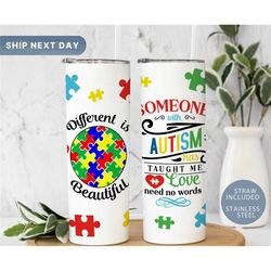 different is beautiful autism tumbler cup, autism mom tumbler with straw, autism awareness travel mug, affirmations cup,