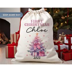 Baby's First Christmas Present Bag, Personalized Gift Sack for Babies, 1st Christmas Stocking Bag, Santa Sack, (SP-6FIRS