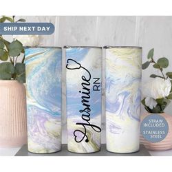 registered nurse tumbler, custom nurse appreciation travel mug, personalized rn tumbler cup, rn gifts, marble tumbler, (