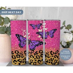 glittery butterfly tumbler with name, butterfly tumbler with lid and straw, cheetah tumbler, glitter tumbler, (tm-34pink