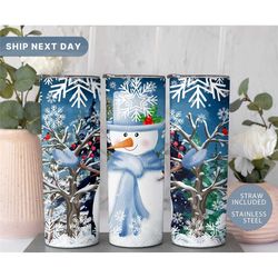 snowman winter christmas tumbler, snowflakes tumbler cup with straw, christmas presents for her, (tm-197)