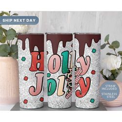 holly jolly tumbler cup, christmas chocolate tumbler mug, holiday tumbler for her, winter glitter 20oz tumbler, (tm-192)
