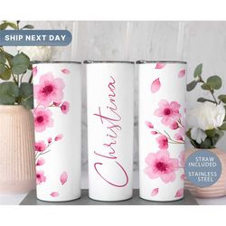 pink floral tumbler personalized, custom flower tumbler for her, floral gifts, floral tumbler, (tm-32pink)