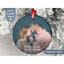 Baby Coming Soon Photo Christmas Ornament, Personalized Expecting Parents Ornament, Baby Announcement, (OR-74)