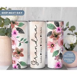 floral grandma 20oz tumbler, personalized grandmother flower tumbler, grandma travel mug, gift for grandmother, (tm-114