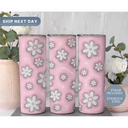 pink daisy tumbler, cute flower tumbler for her, floral gifts, floral tumbler, (tm-175 flower)