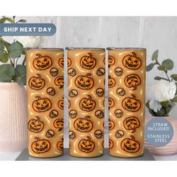 creepy pumpkin tumbler, skulls halloween tumbler cup with straw, spooky 20oz travel cup mug, (tm-170 orange)