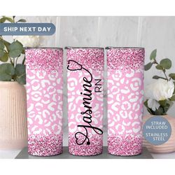 custom nurse tumbler, personalized pink glitter travel mug for nurses, rn tumbler cup, cheetah tumbler for medical stude