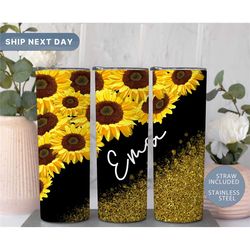 sunflower personalized tumbler, glitter tumbler with straw, custom name tumbler, gifts for her, glittery travel mug, (tm
