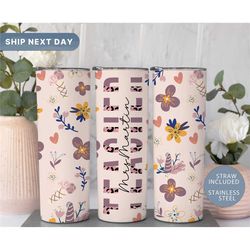 floral school teacher tumbler with straw, personalized teacher tumbler, gifts for teachers, custom school tumbler, (tm-1