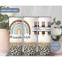 custom teacher name tumbler gold leopard print teacher tumbler boho teacher rainbow mug teacher appreciation gift ide