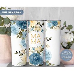 custom mama tumbler cup, personalized mom tumbler with straw, floral skinny tumbler, mothers day gift, mother tumbler, (
